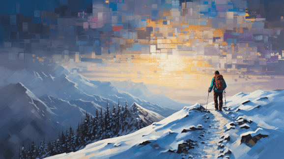 A hiker walks through a mountain pass underneath a sunny sky of blocks of colorful data.