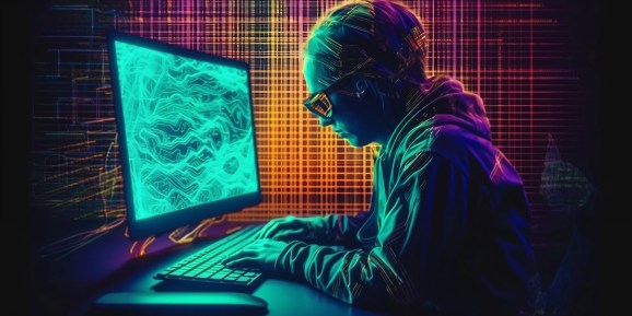 Glitchwave software developer typing on a computer lit in neon green against a neon yellow, orange and pink backdrop.