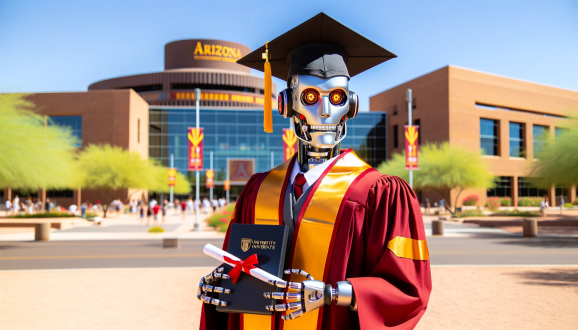 A silver humanoid robot wearing red and gold graduation robes and a black graduation cap stands in front of a university campus building labeled Arizona.