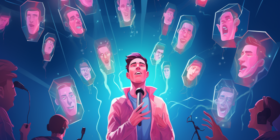 Stylized vector art image of a masculine presenting voice actor rendered in pink surrounded by copies of his face floating through the air as technicians hold out microphones to record him.