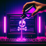 A hand pours a bottle of glowing purple liquid onto a keyboard of a vintage desktop PC displaying a pixellated purple skull and crossbones log amid flickering lines of static.