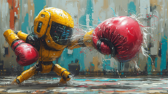 A yellow robot with giant red boxing gloves punches the air from left to right in profile.