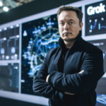 AI rendering of Elon Musk wearing black long sleeve with arms crossed standing in front of wall of monitors with interior map and text Grok-1.5