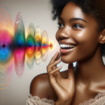 An African American woman with dark hair puts her fingers up to her lips as she smiles and speaks with colorful sound waves radiating out from her mouth to the left