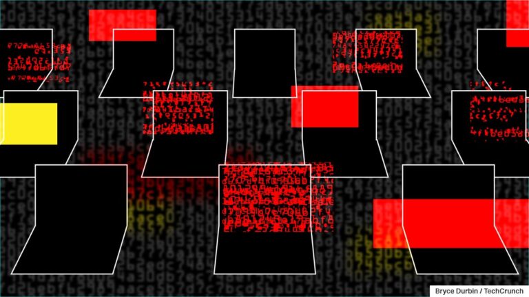 a series of illustrated laptops featuring red, glitchy and matrix-like text symbolizing malware
