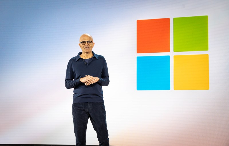 Microsoft CEO Satya Nadella speaks at the company's press event where it launched its Copilot+ PCs. Photo credit: Ken Yeung/VentureBeat