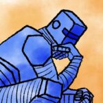 Illustration of a robot in "Thinking Man" pose