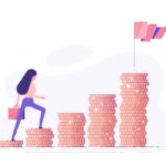 Illustration of a woman climbing stairs made of coins toward a flag to represent women's challenges in venture capital.