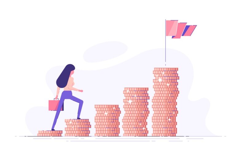 Illustration of a woman climbing stairs made of coins toward a flag to represent women's challenges in venture capital.