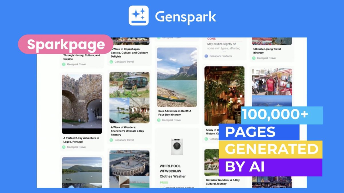 Genspark homescreen. Text reads "100,000+ pages generated by AI"