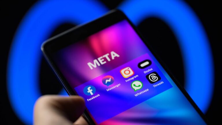 Meta social media icons including Threads are displayed on a smartphone