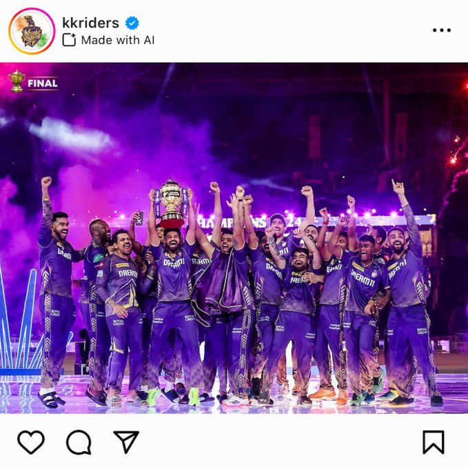 An Instagram photo of the Kolkata Knight Riders, labeled incorrectly as "Made with AI". 