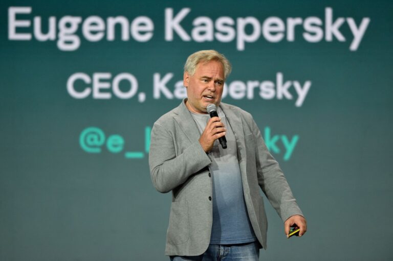 Eugene Kaspersky, CEO of Kaspersky Lab, gives a keynote speech during the Mobile World Congress (MWC) fair in Barcelona on June 28, 2021.