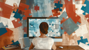 A brown haired woman sitting in front of a computer surrounded by burnt orange colored and blue puzzle pieces in the air around her